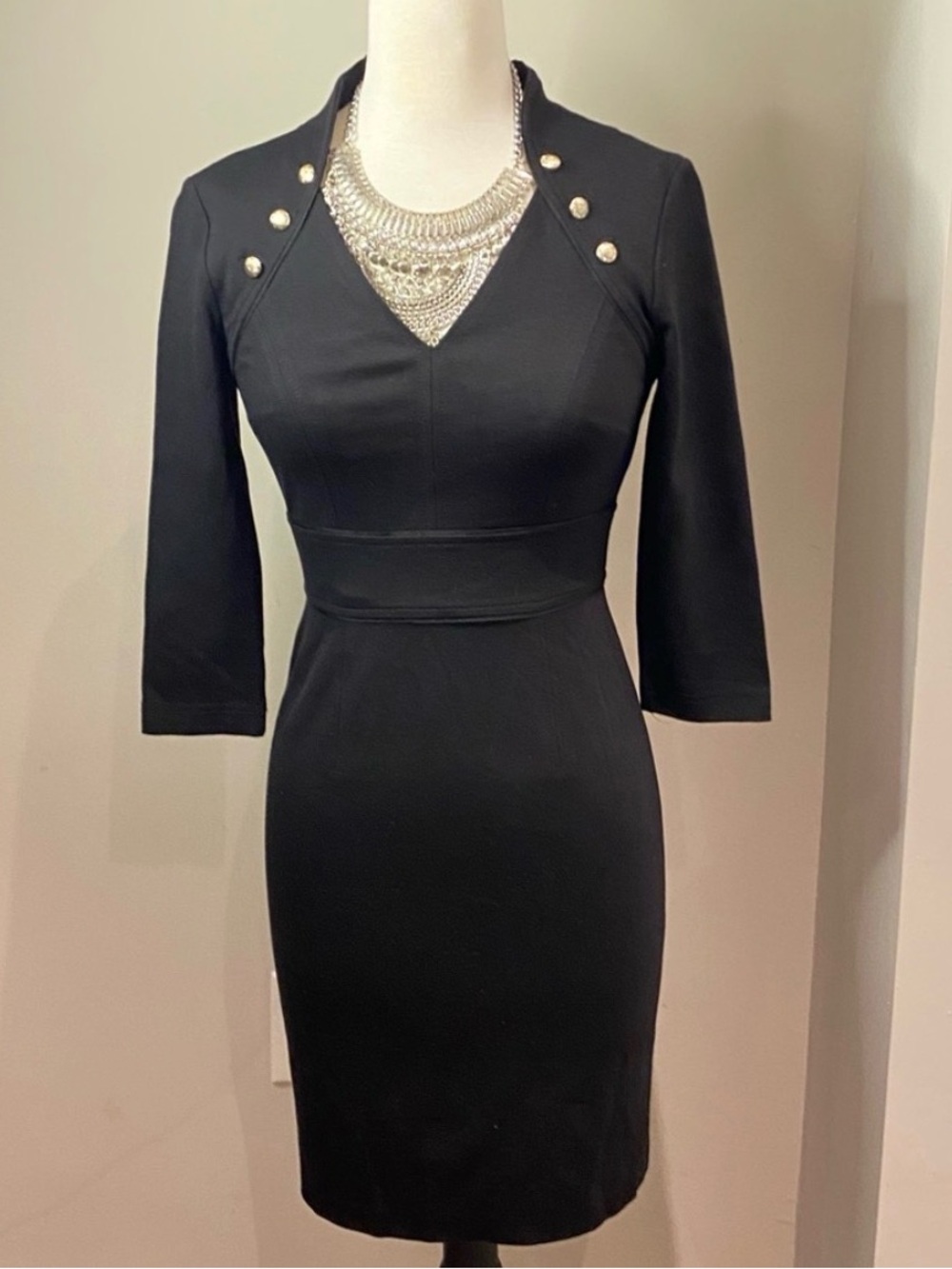White House Black Market Black V-Neck Sheath Dress with Gold Buttons